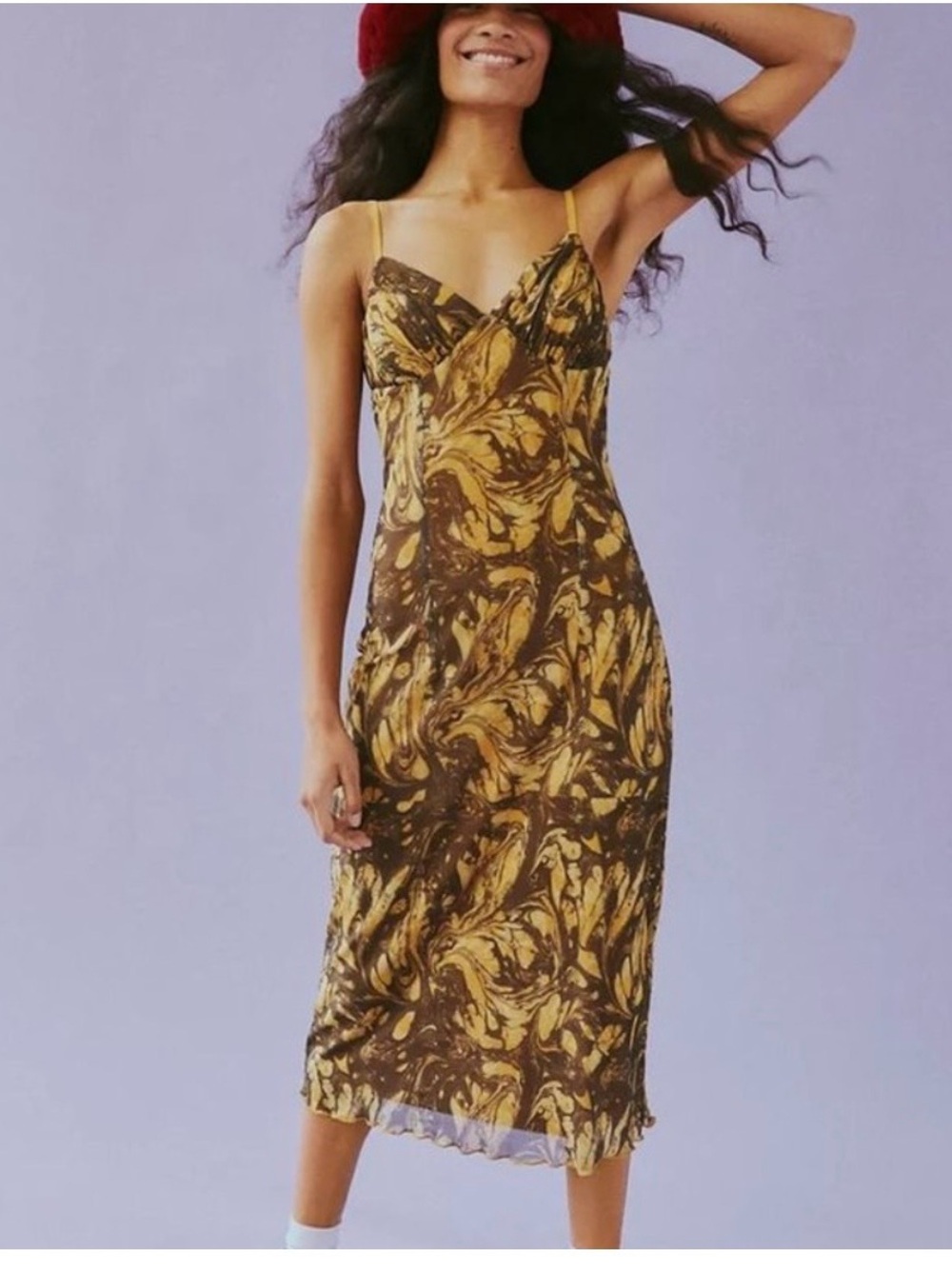 Urban Outfitters Yellow Marble-Print Slip Dress